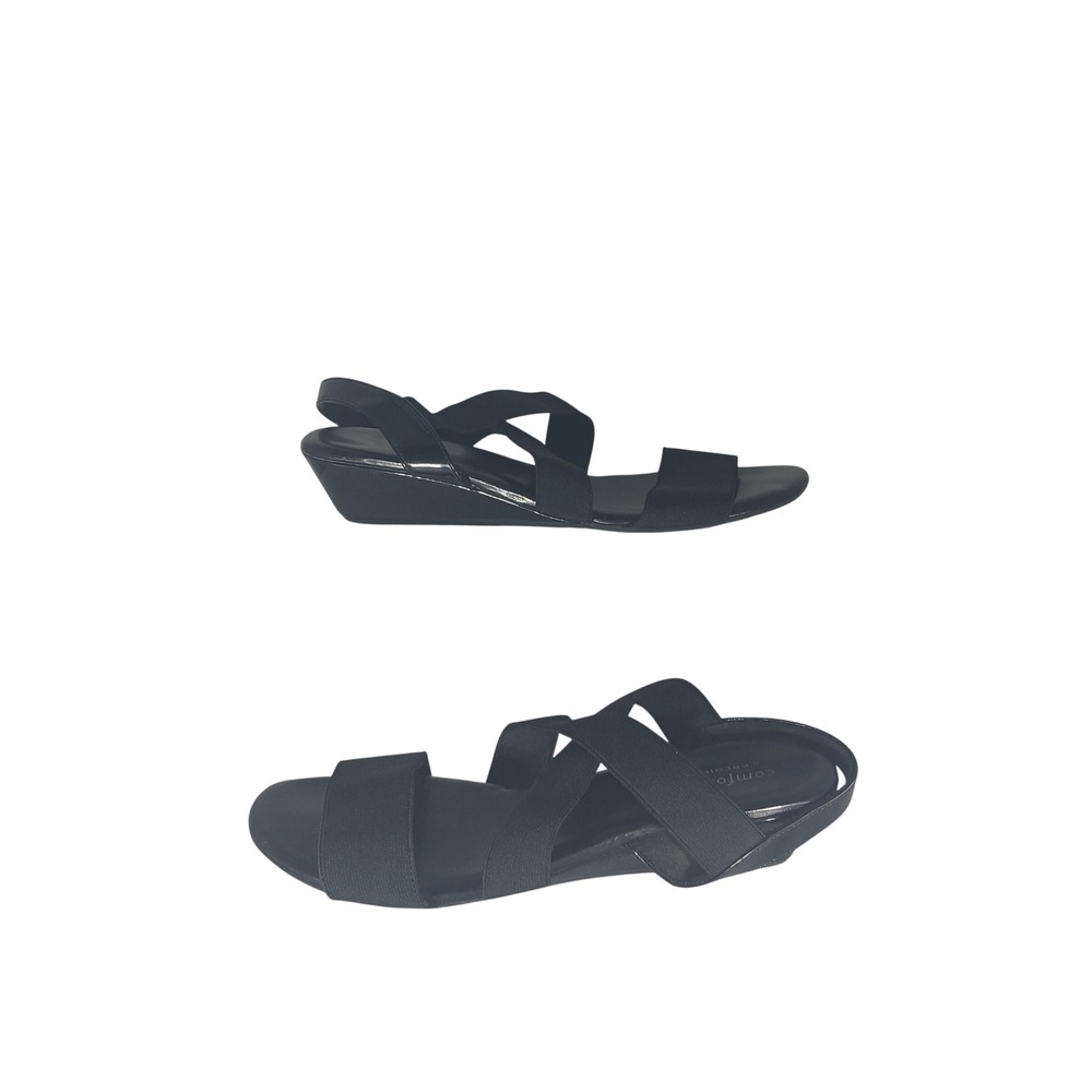 Comfort Plus Predictions Wedge Sandals 10 Black Strappy Elastic Low Heel Patent